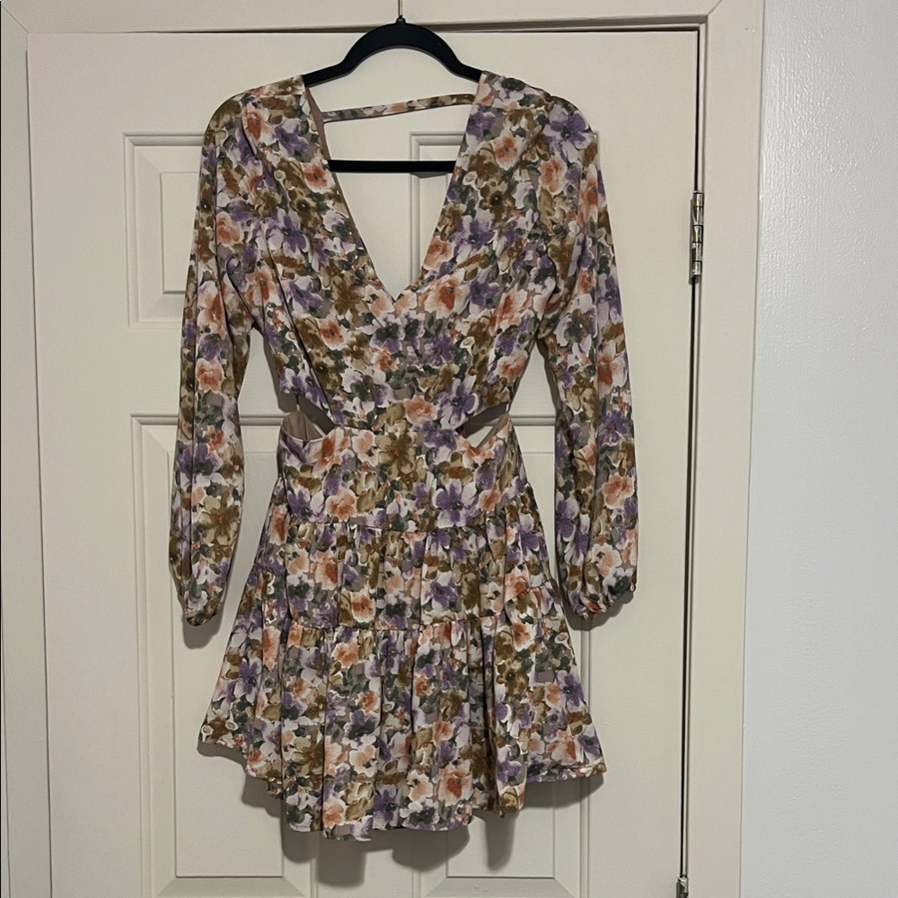 Lush Floral Long Sleeve Dress - Purple, Orange, Cream